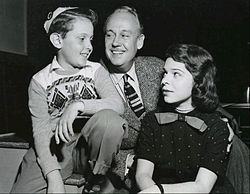 Radio cast of the program. From left: Bobby Alford ("Jeep" Allison), Paul McGrath (Dr. Martin Allison), and Joan Lazer (Peggy Allison). Bobby Alford Paul McGrath Joan Lazer My Son Jeep radio cast.jpg