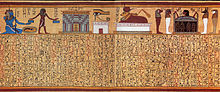 The mystical Spell 17, from the Papyrus of Ani. The vignette at the top illustrates, from left to right, the god Heh as a representation of the Sea; a gateway to the realm of Osiris; the Eye of Horus; the celestial cow Mehet-Weret; and a human head rising from a coffin, guarded by the four Sons of Horus. Bookofthedeadspell17.jpg