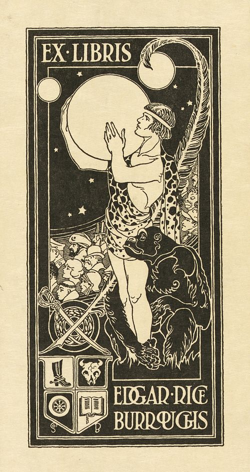 Burroughs's bookplate, showing Tarzan holding the planet Mars, surrounded by other characters from his stories and symbols relating to his personal in