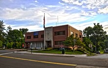 A two-story brick firehouse