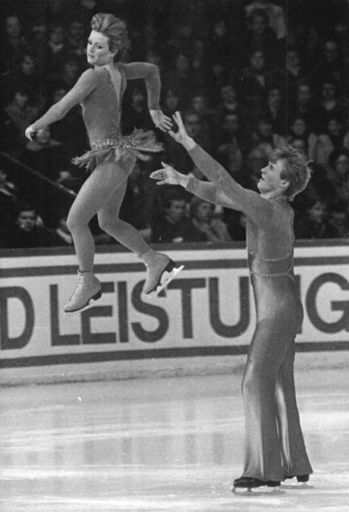 Canadian pair skaters Barbara Underhill and Paul Martini performing a throw jump in 1983