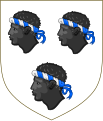 Arms of Canning/Canynges: Argent, three Moor's heads couped in profile proper wreathed around the temples of the first and azure