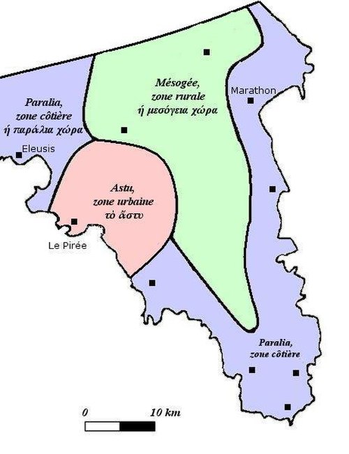 The division of the Athenian city-state (polis) into urban (pink), inland (green), and coastal (blue) zones by Cleisthenes