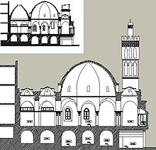 Elevation of the Ali Bitchin Mosque (after recent restoration of the original floor plan), built in 1622, showing the main dome and side galleries with smaller domes Casbah Zoudj Ayoun 7.jpg