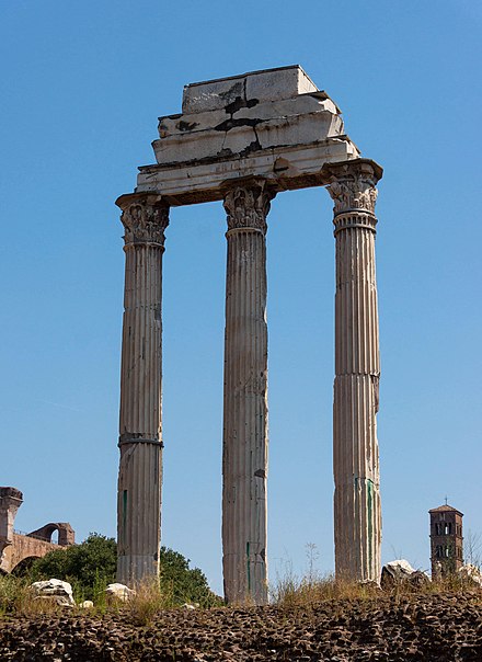 Ruins of the Temple of Castor and Pollux in the Roman Forum. The ruins visible today date to the time of Tiberius.