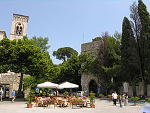 Piazza with Villa Ruffolo's entry tower Center of Ravello Italy.JPG