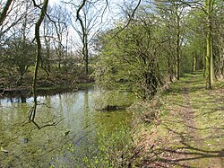 The derelict Charnwood Forest Canal alongside the entrance to Longcliffe Golf Club in Nanpantan. CharnwoodForestCanal 01.jpg