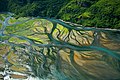 A glacial river branches out in a broad coastal delta and meets the North Pacific Ocean