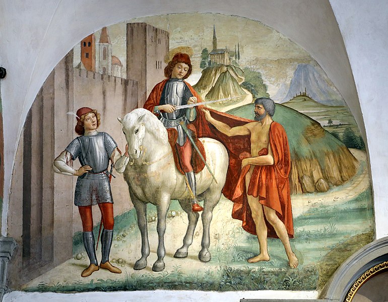 File:Collaboratore del ghirlandaio (forse francesco d'antonio), San Martino dona parte del mantello al povero, 1478-81, 01.jpg