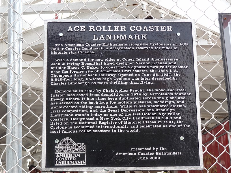 File:Coney Island Cyclone ACE Coaster Landmark plaque.jpg