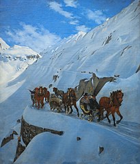 Convoi de la poste au Saint-Gothard en hiver