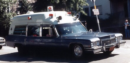 A 1973 Cadillac Miller-Meteor ambulance. Note the raised roof, with more room for the attendants and patients