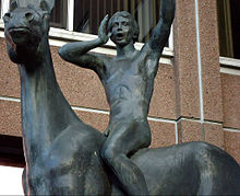 View of the statue showing the rider calling out David Wynne The Messenger 5 Sutton Surrey London.JPG