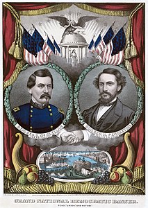 1864 джылда АБШ президент сайлауда демократ партиядан кандидатланы Джордж Макклелан бла Джордж Пендлтонну плакатлары