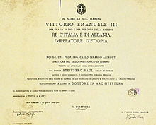 Диплом об окончании Солом Стейнбергом Миланского политехнического университета, 1940[8]