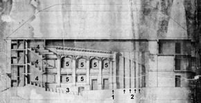 A longitudinal section through a Restoration playhouse drawn by Christopher Wren. It is believed by some scholars only to represent Wren's plan for the second theatre on the Drury Lane site, which opened in 1674 after the original Theatre Royal had burned to the ground in 1672.
Proscenium arch
Four pairs of shutters across the stage (the moveable scenery)
Pit
Galleries
Boxes Drury.Lane.figures2.png