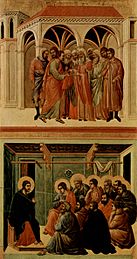 4. Christ Taking Leave of His Apostles, 5. Betrayal by Judas label QS:Len,"4. Christ Taking Leave of His Apostles, 5. Betrayal by Judas" label QS:Lpl,"4. Pożegnanie Chrystusa z apostołami, 5. Zdrada Judasza" (Siena)