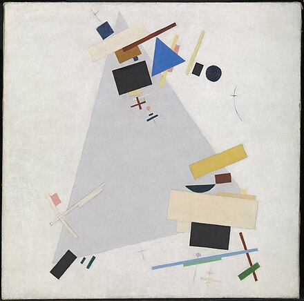 Example of Malevich's suprematist works. Kazimir Malevich, Dynamic Suprematism (1916), oil on canvas, 80.2 x 80.3 cm, Tate Gallery