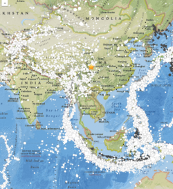 Earthquakes with a magnitude 4.5 and over (1900-2015). The yellow star is the 2008 Sichuan earthquake. EQs 1900-2015 china.png