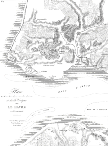 Embouchure de la Seine avant la fondation du Havre, vers le XIVe siècle (P.-F. Frissard, 1837, Archive municipales de la ville du Havre).