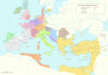 Europe at the fall of the Western Roman Empire in 476 AD. Europe and the Near East at 476 AD.png