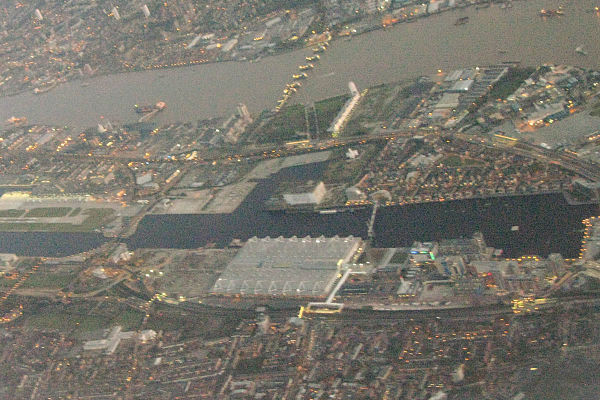 Aerial view of ExCeL in 2008, before its first extension