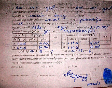 Example of a loan contract, using flat rate calculation, from rural Cambodia. Loan is for 400,000 riels at 4% flat (16,000 riels) interest per month.