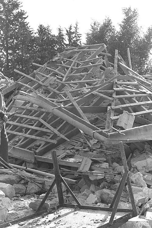 A demolished Israeli farmhouse, after a fedayeen attack (1956).