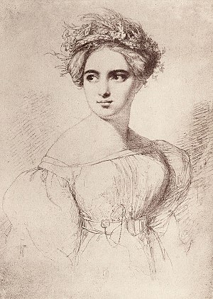 line drawing of young woman in early 19th century dress