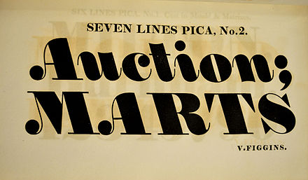 A 'backslanted' italic fat face typeface, made for display use by the Figgins foundry of London. The typeface is an example of the increasingly attention-grabbing, bold and dramatic fonts becoming popular in British display typography in the early nineteenth century.