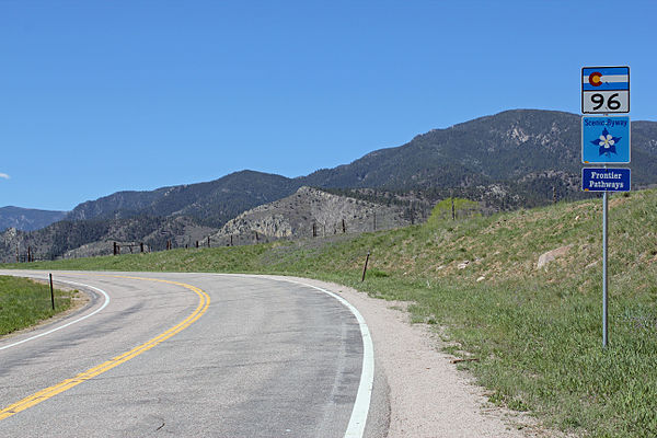 The Frontier Pathways National Scenic and Historic Byway as it passes through Wetmore, Custer County, Colorado