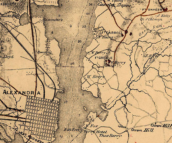 This map shows the location of Fort Greble near the conjunction of the Anacostia and Potomac Rivers as well as its proximity to the city of Alexandria, Virginia. To the northeast are Forts Carroll and Snyder. Ft. Greble Crop.jpg