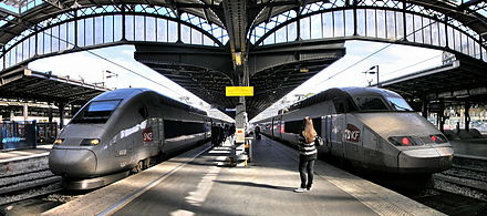 Two high-speed TGV trains by Alstom SA at Paris-Gare de l'Est