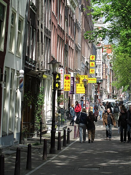 Le quartier chinois d'Amsterdam, situé près du Nieuwmarkt, compte de nombreux commerces asiatiques et un affichage multilingue des noms de rue.