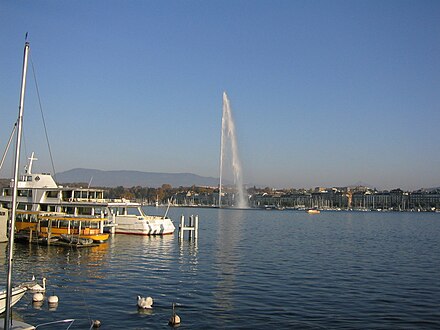 Water fountain Jet d'Eau on Lake Geneva in the city of Geneva