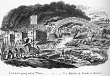 George Cruikshank's famous 1829 etching entitled "London going out of Town, or The March of Bricks & Mortar", shows the expansion of 19th century London as an invasion of the countryside by an army made of building materials, such as chimney pots, hods, picks and shovels. A continuous barrage of newly made bricks is discharged from a kiln. George Cruikshank - London, Leaving the City - WGA5810.jpg