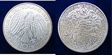 A 1987 silver coin German 10 Mark 1987 Silver Coin 30 Years United Europe.jpg