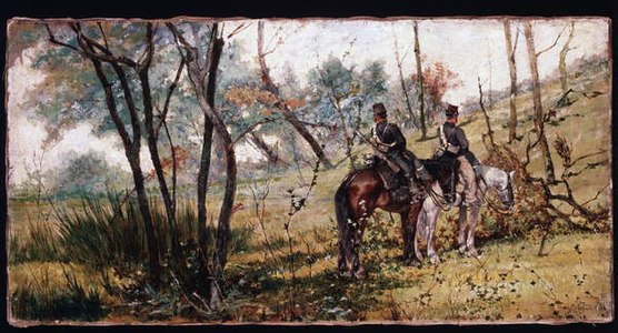 672 Two soldiers on horseback among the trees label QS:Len,"Two soldiers on horseback among the trees" 1895