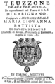 English: Girolamo Casanova, Andrea Stefano Fiorè - Teuzzone - title page of the libretto - Turin 1716