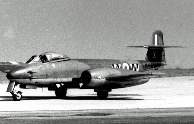 No. 74 (F) Squadron Gloster Meteor F.8 WL164 wearing Tiger Stripes at RAF Hooton Park, 1955.