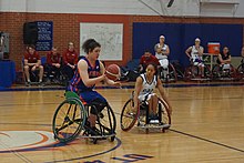Annabelle Lindsay with the Lady Movin' Mavs in 2019 Great Britain vs. UT Arlington women's wheelchair basketball 2019 07 (in-game action).jpg