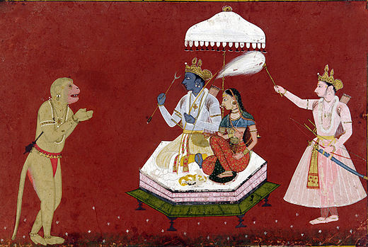 Hoofdrolspelers uit de Ramayana: de apengod Hanuman aanbidt Rama en Sita. Rama's broer Lakshmana wuift het echtpaar koelte toe. In de wildernis waar Rama naartoe werd verbannen vond hij in de apengod een trouwe bondgenoot die hem hielp zijn vrouw en troon terug te winnen. Dit kan als allegorie beschouwd worden op de aryanisatie van bewoners van de wildernis. Vroeg-17e-eeuwse schildering, Mewar