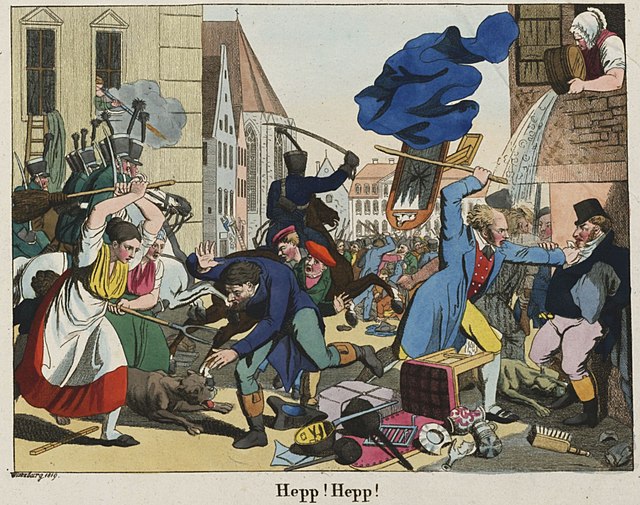 The Hep-Hep riots in Würzburg, 1819. On the left, two peasant women are assaulting a Jewish man with pitchfork and broom. On the right, a man wearing 