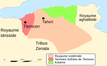 Cartes de la région de l'Algérie dans la période 815–915 avec la zone d'implantation du Kutāma (Kotama, vert)
