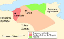 Mappe del territorio dell'Algeria nel periodo 815-915 con l'area di insediamento del Kutāma (Kotama, verde)