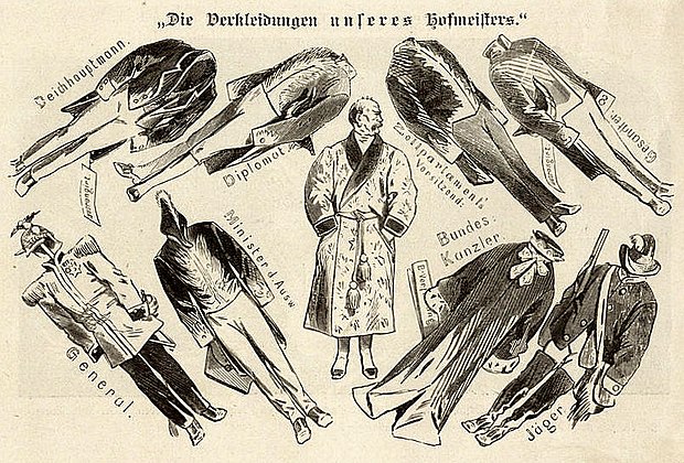 Cartoon from 1867 making fun of Bismarck's different roles, from general to minister of foreign affairs, federal chancellor, hunter, diplomat and president of the parliament of the Zollverein, the Prussian-dominated German customs union