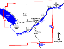 The District of Hudson's Hope is centered around a townsite on the north side of the Peace River along Highway 29. The rural communities of Lynx Creek and Farrell Creek, and the farming community of Beryl Prairie, are located north of the main townsite. Hudson's Hope BC outline.png