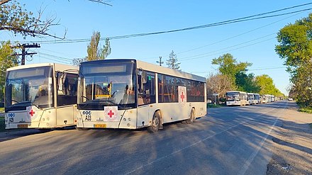 ICRC buses preparing for an evacuation convoy on 8 May 2022 to Zaporizhzhia