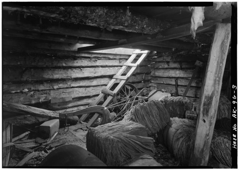 File:INTERIOR VIEW, SHOWING LADDER, PLOW, AND SACKS - Green Butte Copper Company, Warehouse, McCarthy Creek 12 miles Northeast of McCarthy, McCarthy, Valdez-Cordova Census Area, AK HAER AK,20-MCAR.V,1-G-3.tif