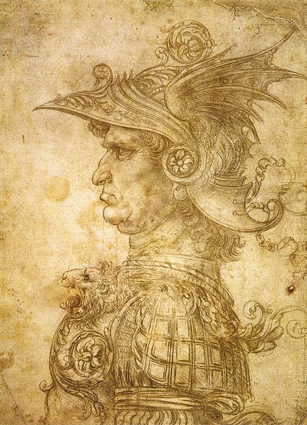 Leonardo da Vinci's Profilo di capitano antico, also known as il Condottiero, 1480. Condottiero meant "leader of mercenaries" in Italy during the Late Middle Ages and the Renaissance.
